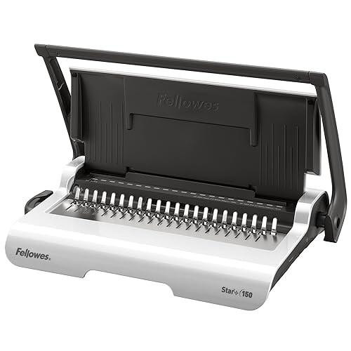 Fellowes Binding Machine for Personal Use - Star+ 21-Hole, 150 Sheet Manual Paper Punch Comb Binder Machine, white and grey, open with punching mechanism visible.