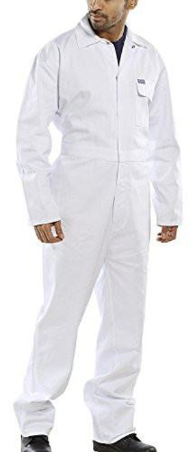 Beeswift CDBSW48 CLICK COTTON DRILL BOILERSUIT WHITE 48, a white cotton drill boiler suit worn by a male model.