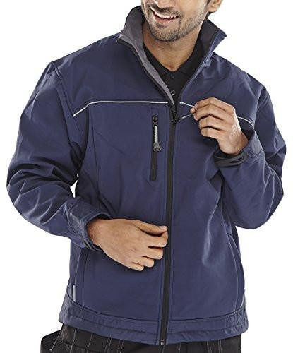 SOFT SHELL JACKET NAVY BLUE XXL, front view of a man wearing a navy blue soft shell jacket with gray lining on the collar and a zippered chest pocket.