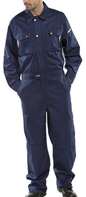 CLICK PREMIUM BOILERSUIT NAVY BLUE 50, a man wearing a navy blue boilersuit designed for industrial work.