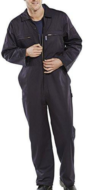 SUPER CLICK HEAVY WEIGHT BOILERSUIT NAVY BLUE 44, a man modeling a navy blue heavy-weight boilersuit with multiple zippered pockets.