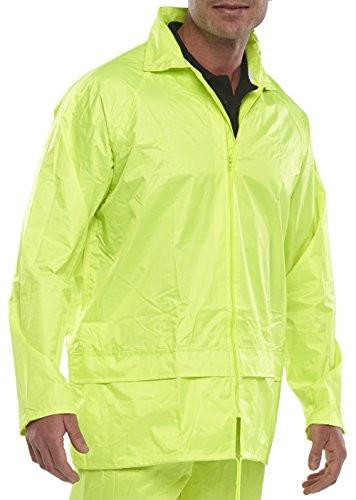NYLON B-DRI JACKET SATURN YELLOW XXL, image of a man wearing a bright yellow waterproof jacket with a front zipper, collar, and long sleeves designed for outdoor activities.