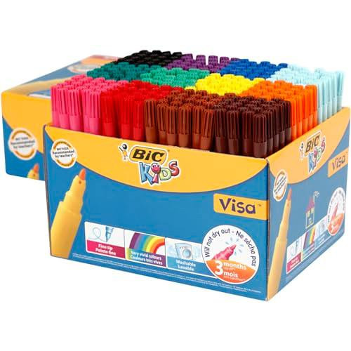 BIC Kids Visa Felt Tip Pens, Fine Tip, Very Vivid Colouring Pens, Washable Markers, Back to School Supplies, 288 Pack, colorful markers arranged in a display box.