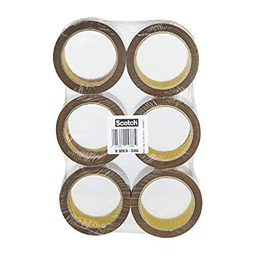 Scotch Packing Tape, Low noise brown storage tape refills in a pack of 6 rolls (50 mm x 66 m) for packaging and sealing.