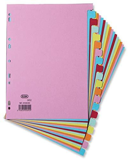 Elba A4 20 Part Dividers - Multi-Colour, colorful plastic dividers with tabs for organizing documents.