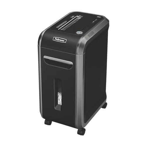 Fellowes 18 Sheet Paper Shredder for Office Use, black cross cut shredder with large 34-litre pull-out bin and digital control panel.
