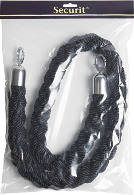 Securit Classic Range Barrier System Black Rope - Chrome Ends, image of a black rope barrier with chrome ends in its packaging.