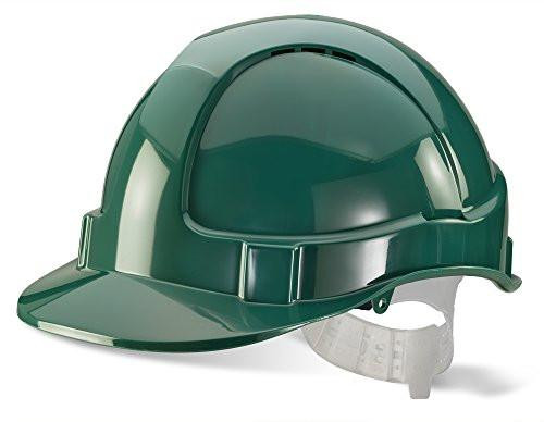 ECONOMY VENTED SAFETY HELMET GREEN, close-up image of a green vented safety helmet designed for construction and industrial safety.
