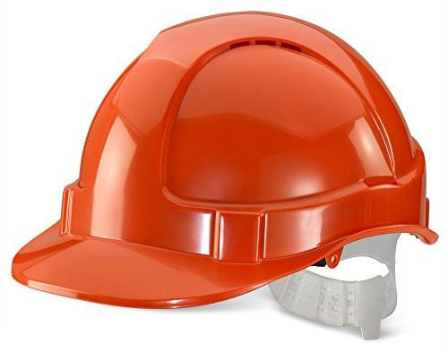 ECONOMY VENTED SAFETY HELMET ORANGE, a high-visibility orange hard hat with vent slots and an adjustable white strap for safety and protection.