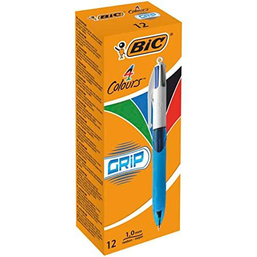 BIC 4 Colours Grip Retractable Ballpoint Pens - Box of 12, featuring a translucent blue barrel and extra-comfort grip, with four ink colors, medium point (1.0mm), and ergonomic design.