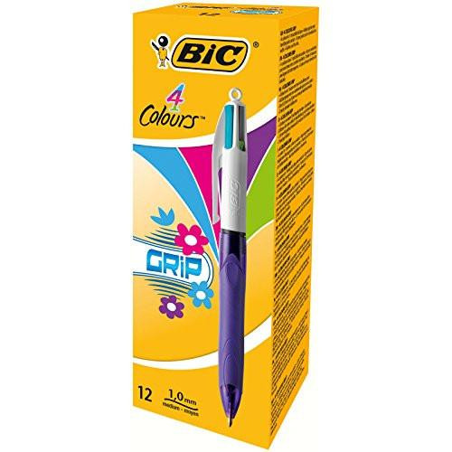 BIC 4 Colours Grip Retractable Ball Pens - Box of 12, medium point (1.0 mm), with extra-comfort grip and vibrant ink colors, shown in colorful packaging.