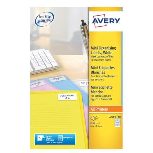 Avery Printable Customisable Mini Labels for Laser Printers, White, 84 Labels per A4 Sheet, 46 x 11.1 mm, QuickPEEL, L7656, with sample labels on a sheet