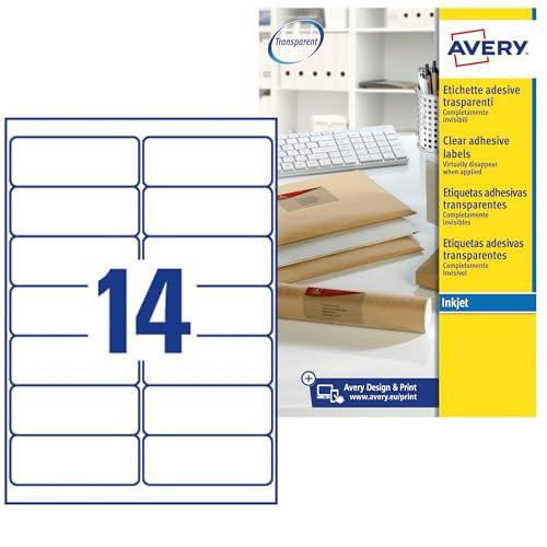 Avery J8563-25 Self-Adhesive Clear Address/Mailing Labels, 14 Labels Per A4 Sheet - Transparent, product image showing the packaging and a sheet of transparent labels for mailing and addressing.