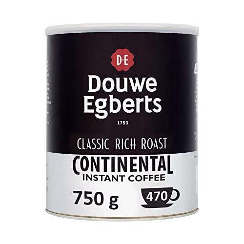 Douwe Egberts Continental Rich - Rich Roast Instant Coffee - Tin 750g, black and white coffee tin container with product name and details.