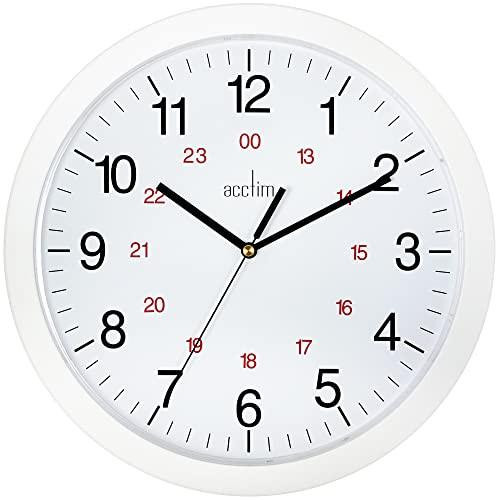 Acctim Metro 12'' Wall Clock Quartz 12/24 Hour Dial Easy Read Numbers White 30cm 21162, round white wall clock with black and red numerals and black hands showing the time.