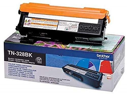 Brother TN328BK Toner - Black, new toner cartridge with orange protective cover resting on its packaging box.
