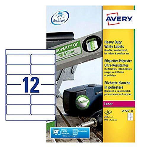 Avery L4776-20 Extra-Strong Adhesive Heavy Duty Weatherproof Labels, White, 12 Labels Per A4 Sheet, showing a package of durable, weatherproof white labels with 12 labels per sheet designed for indoor and outdoor use.