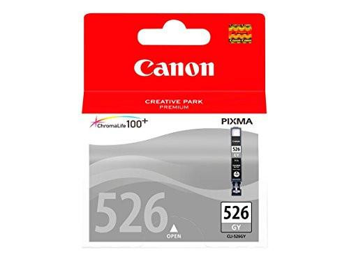Canon CLI-526GY Grey Ink Cartridge, genuine compatible ink cartridge for PIXMA MG printers in red packaging with grey and black ink cartridge images.