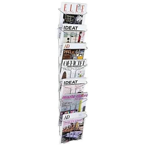 ALBA A4 Wire Display Stand with 7 Compartments - Metallic, DDFIL7M, showcasing magazines and brochures organized in a vertical wire rack.