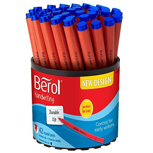 Berol Handwriting Pens, round shape pens with bright barrels and washable blue ink in a tub of 42, designed for early writers and kids. Berol Handwriting Pens, round shape pens with bright barrels and washable blue ink in a tub of 42, designed for early writers and kids.