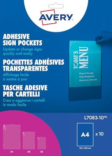 Avery Printable, Customisable Repositionable Clear Sign Pocket - A4 Sheet Size (221 x 304 mm), blue and pink packaging with product details and multiple sign pockets for updating or changing signs easily.