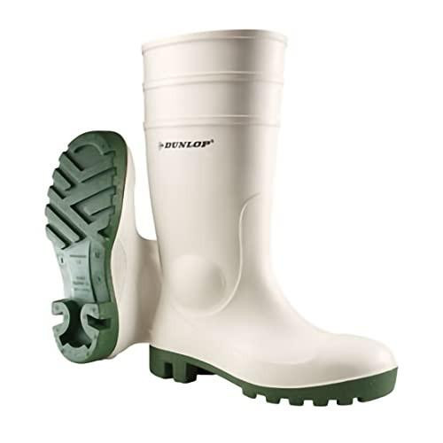 DUNLOP Protomastor - Unisex Knee High Full Safety Waterproof Work Boots, White, S5 Rated Antistatic and Slip-Resistant PVC Wellies with Steel Toecap for Outdoor and Farm Work - EU37, UK4, white rubber protective footwear with green slip-resistant soles, designed for safety and durability in harsh working environments.