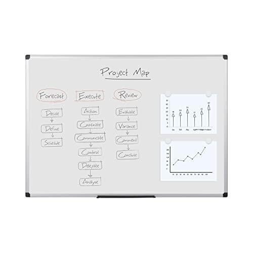 Bi-Office Maya Magnetic Dry Wipe Aluminium Framed Whiteboard 60x90cm, whiteboard with dry erase markers and charts for project planning and presentations.