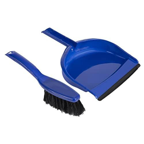 Jantex Soft Dustpan and Brush Set, Blue, 220mm Wide, Colour Coded Cleaning, Rubberised Edge, Storage Hanging Hole in Brush and Pan Handle, blue dustpan with black rubber edge and matching blue brush with black bristles.