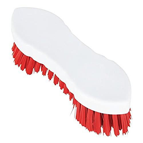 Jantex Scrub Brush Red 209mm Kitchen Cleaner Floor Sweeper With Handle, close-up of the red cleaning brush with a handle for floor cleaning.