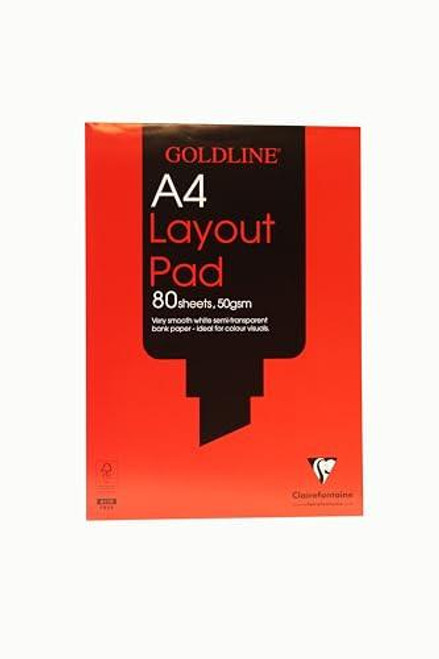 Clairefontaine - Ref GPL1A4Z - Goldline Layout Pad, A4 size, contains 80 sheets of 50gsm FSC-Certified, acid-free paper with a degree of transparency, featuring a black and red cover with product details.