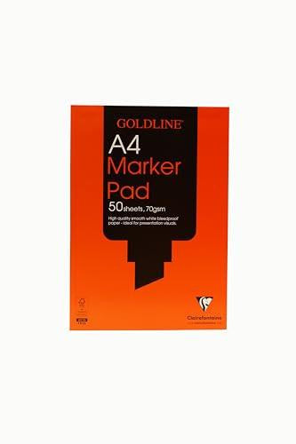 Clairefontaine Goldline Marker Pad, A4, 70gsm, Bleedproof, 50 sheets, shown in orange and black packaging with product details
