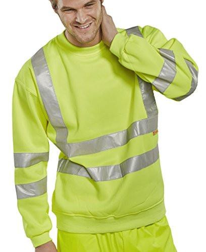 HI-VISIBILITY SWEATSHIRT SATURN YELLOW M, a high-visibility yellow sweatshirt with reflective stripes worn by a smiling man.