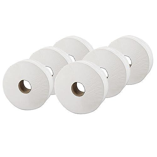 2Work Jumbo Toilet Roll 2-Ply White 92mmx410m Core 76mm (Pack of 6), six white jumbo toilet paper rolls with cardboard cores on a plain white background.