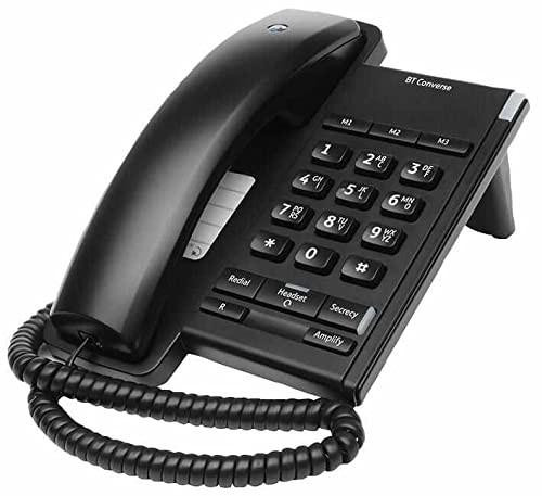 BT Converse 2100 Corded Landline House Phone, 3 Quick Dial Buttons, Headset Socket, Black, with ergonomic handset and coiled cord.