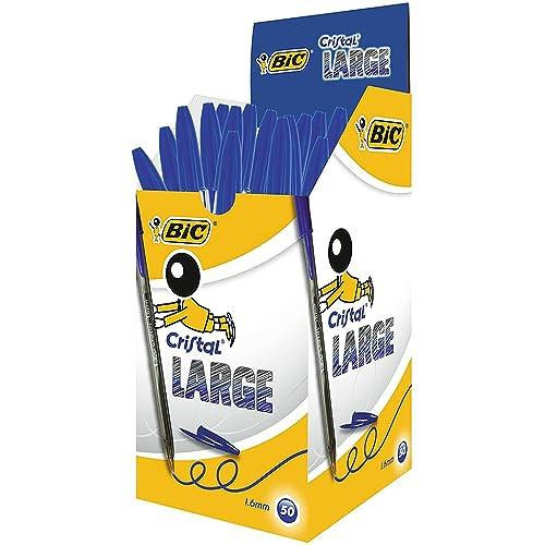 BIC Cristal Large Wide Point Ballpoint Pens, Blue, Pack of 50, with smooth ink flow and lightly smoked barrel, displayed in open packaging.