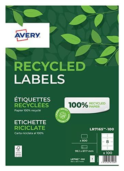 Avery Printable, Customisable Recycled Parcel Shipping Labels, Laser Printers, 8 Labels Per A4 Sheet, 800 Labels, QuickPEEL (LR7165) White, 99.1 x 67.7 mm, on green and white packaging with leaf design and eco-friendly icons.