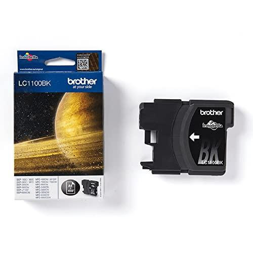 Brother LC-1100BK Inkjet Cartridge, Black, Single Pack, Standard Yield, Includes 1 x Inkjet Cartridge, Brother Genuine Supplies, shown next to its packaging featuring a space-themed design.