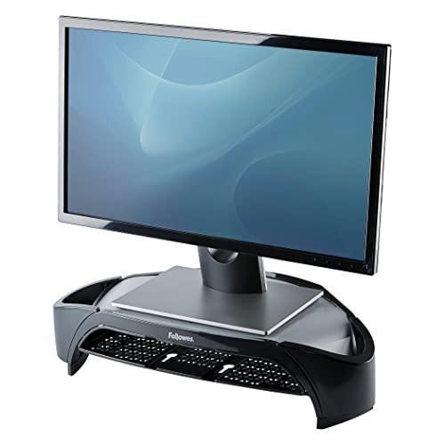 Fellowes Smart Suites TFT Monitor Riser Plus Letter Tray 2 Pods 3 Heights Capacity 21 in 10 kg Ref 8020801, Black, adjustable monitor stand with integrated letter tray and storage compartments.