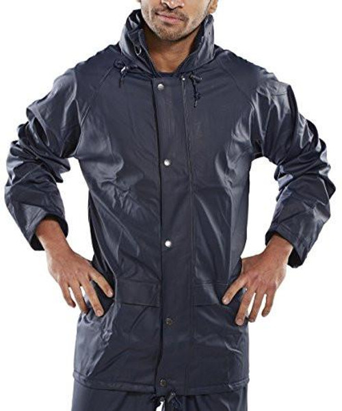 SUPER B-DRI JACKET NAVY BLUE XXL, a men's navy blue waterproof and windproof rain jacket with a hood and adjustable drawstrings.