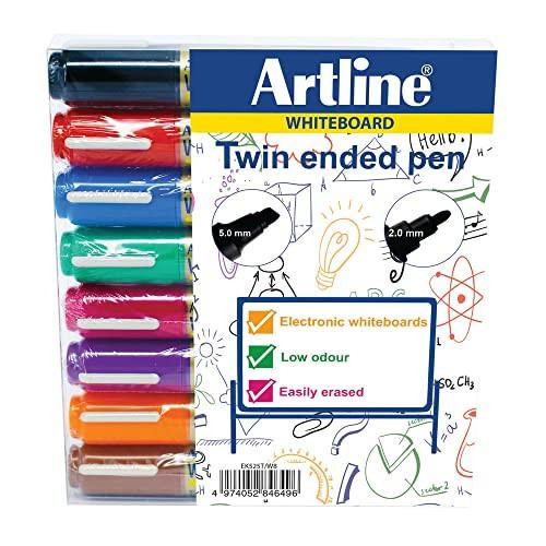 Artline 2-in-1 Whiteboard Marker Bullet/Chisel Tip Assorted (Pack of 8) EK525TA, colorful markers with bullet and chisel tips displayed in packaging for whiteboards.