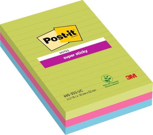 Post-it Super Sticky Large Notes, Assorted Colours, Lined, 101 mm x 152 mm, 90 Sheets/Pad, 3 Pads - Self-stick Notes For Note Taking, To Do Lists & Reminders, stacked in different colors with the Post-it logo on top.