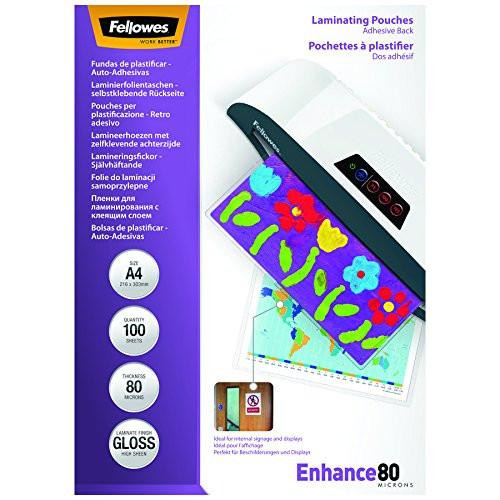 Fellowes A4 Laminating Pouches, Gloss, 160 Micron (2 x 80 Micron), Self-adhesive, Pack of 100, clear, with colorful laminating project displayed.