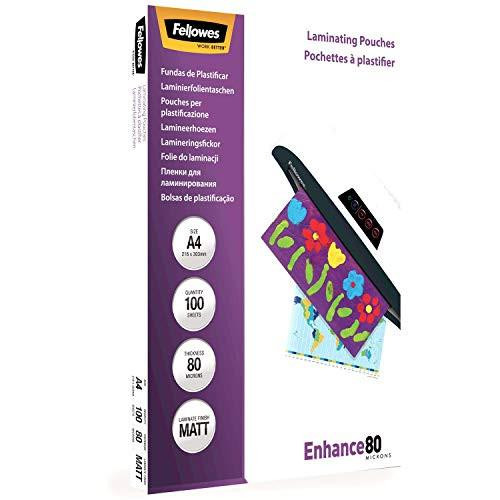 Fellowes A4 Laminating Pouches, Matt Finish, 100 Sheets, 160 Micron high quality lamination pouches ideal for photos and notices, shown with a laminator sealing a colorful floral paper.