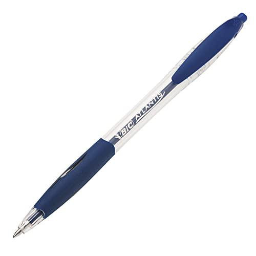BIC Atlantis Clic Ball Pen 1.0mm Box of 12 - Blue, blue and transparent ballpoint pen with retractable tip, designed for smooth writing.