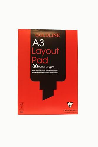 Clairefontaine - Ref GPL1A3Z - Goldline Layout Pad, A3 size with 80 sheets of 50gsm FSC-certified, acid-free paper, featuring degree of transparency, shown in red and black packaging.