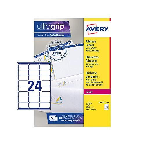 Avery Printer Labels, suitable for Amazon and FBA barcode labeling, laser printer compatible, 24 labels per A4 sheet, total 6000 labels on 250 printer sheets, model L7159-250.