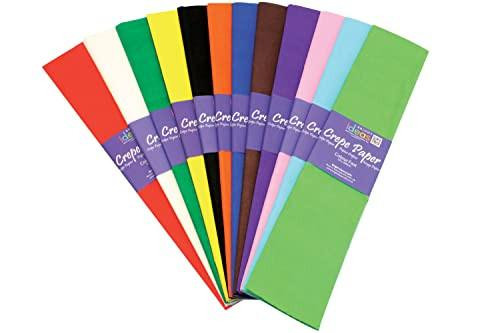 Bright Ideas Crepe Paper Sheets Assorted Colours, multiple sheets in various colors including red, white, yellow, black, orange, brown, purple, pink, blue, and green, arranged in a fan pattern.