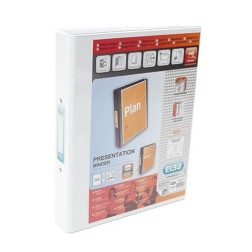 Elba A4 2 O-Ring Binder, 25mm capacity, 30mm spine, Presentation Folder with Customisable Cover, Portrait, White - front view of the binder featuring a white cover and customizable spine for organizing and presenting documents.
