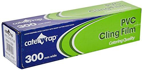 Caterwrap Cling Film 300 mm x 300 m Cutter Box, green and blue packaging with product name and dimensions visible.