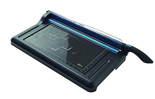 Avery A3 Office Guillotine - Paper Cutter, Black and Teal, shown with cutting grid and adjustable guide for precise paper trimming. Avery A3 Office Guillotine - Paper Cutter, Black and Teal, shown with cutting grid and adjustable guide for precise paper trimming.